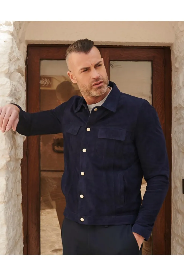 Uomo D'Arienzo Adam - Giacca sfoderata pelle camoscio blu con colletto camicia