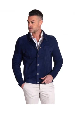 Uomo D'Arienzo Adam - Giacca sfoderata pelle camoscio blu con colletto camicia