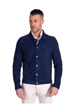 Uomo D'Arienzo Adam - Giacca sfoderata pelle camoscio blu con colletto camicia