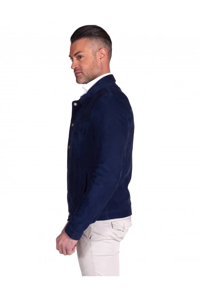 Uomo D'Arienzo Adam - Giacca sfoderata pelle camoscio blu con colletto camicia