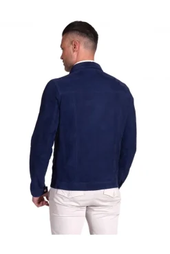 Uomo D'Arienzo Adam - Giacca sfoderata pelle camoscio blu con colletto camicia