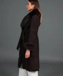 Donna D'Arienzo Adele - Cappotto in montone scamosciato testa di moro con bordi in volpe