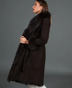 Donna D'Arienzo Adele - Cappotto in montone scamosciato testa di moro con bordi in volpe