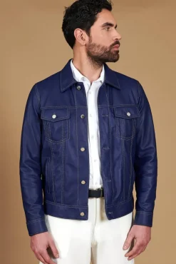 Uomo D'Arienzo Akyo - Giacca pelle naturale bluette con bottoni e collo camicia