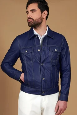 Uomo D'Arienzo Akyo - Giacca pelle naturale bluette con bottoni e collo camicia