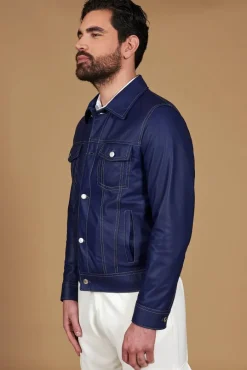 Uomo D'Arienzo Akyo - Giacca pelle naturale bluette con bottoni e collo camicia