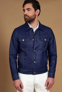 Uomo D'Arienzo Akyo - Giacca pelle naturale bluette con bottoni e collo camicia