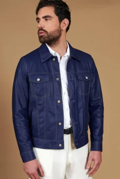 Uomo D'Arienzo Akyo - Giacca pelle naturale bluette con bottoni e collo camicia