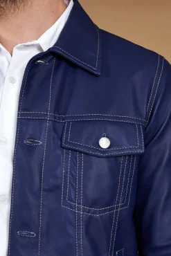 Uomo D'Arienzo Akyo - Giacca pelle naturale bluette con bottoni e collo camicia