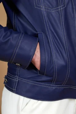Uomo D'Arienzo Akyo - Giacca pelle naturale bluette con bottoni e collo camicia