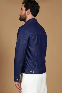 Uomo D'Arienzo Akyo - Giacca pelle naturale bluette con bottoni e collo camicia