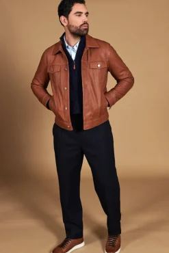 Uomo D'Arienzo Akyo - Giacca pelle naturale color cuoio con bottoni e collo camicia