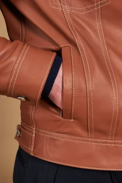 Uomo D'Arienzo Akyo - Giacca pelle naturale color cuoio con bottoni e collo camicia