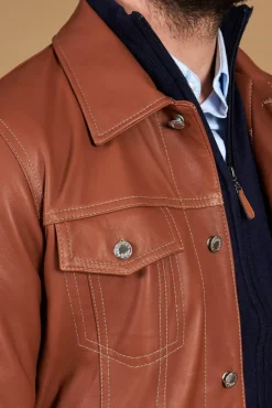 Uomo D'Arienzo Akyo - Giacca pelle naturale color cuoio con bottoni e collo camicia
