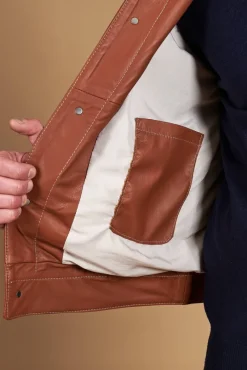 Uomo D'Arienzo Akyo - Giacca pelle naturale color cuoio con bottoni e collo camicia