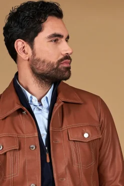 Uomo D'Arienzo Akyo - Giacca pelle naturale color cuoio con bottoni e collo camicia