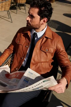Uomo D'Arienzo Akyo - Giacca pelle naturale color cuoio con bottoni e collo camicia