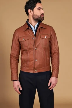 Uomo D'Arienzo Akyo - Giacca pelle naturale color cuoio con bottoni e collo camicia