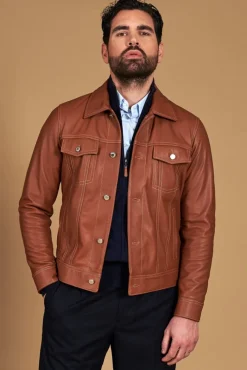 Uomo D'Arienzo Akyo - Giacca pelle naturale color cuoio con bottoni e collo camicia