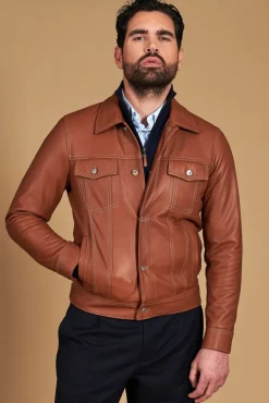 Uomo D'Arienzo Akyo - Giacca pelle naturale color cuoio con bottoni e collo camicia