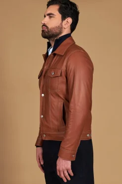 Uomo D'Arienzo Akyo - Giacca pelle naturale color cuoio con bottoni e collo camicia