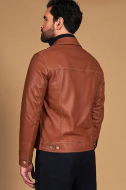 Uomo D'Arienzo Akyo - Giacca pelle naturale color cuoio con bottoni e collo camicia