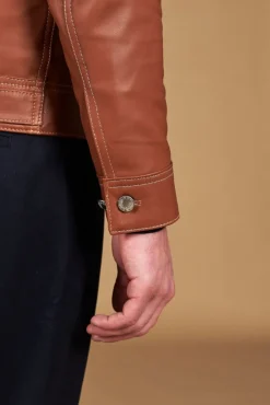 Uomo D'Arienzo Akyo - Giacca pelle naturale color cuoio con bottoni e collo camicia