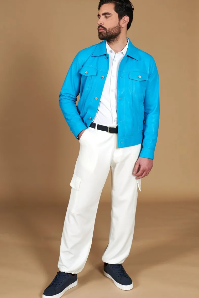 Uomo D'Arienzo Akyo - Giacca pelle naturale turchese con bottoni e collo camicia