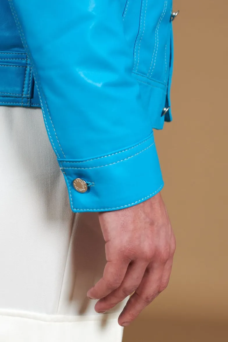 Uomo D'Arienzo Akyo - Giacca pelle naturale turchese con bottoni e collo camicia