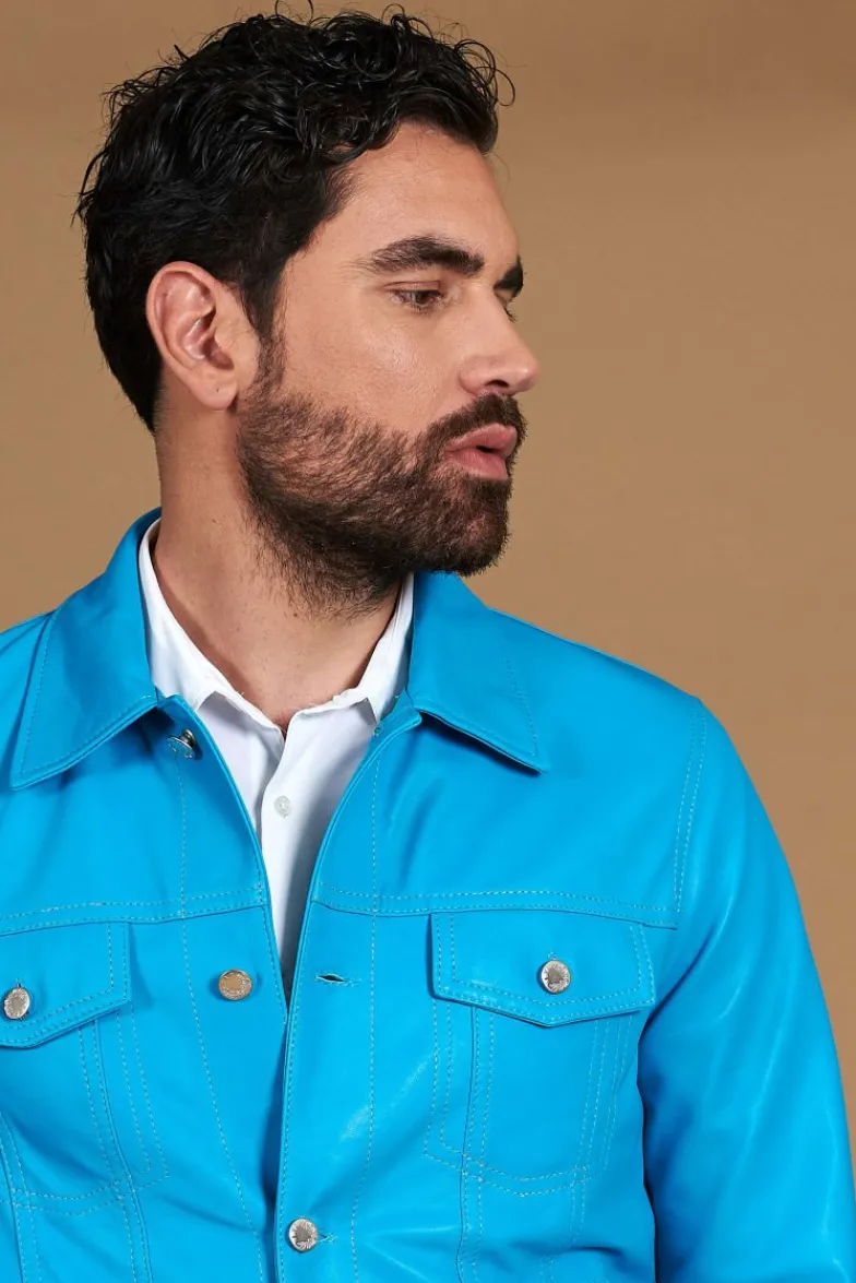 Uomo D'Arienzo Akyo - Giacca pelle naturale turchese con bottoni e collo camicia