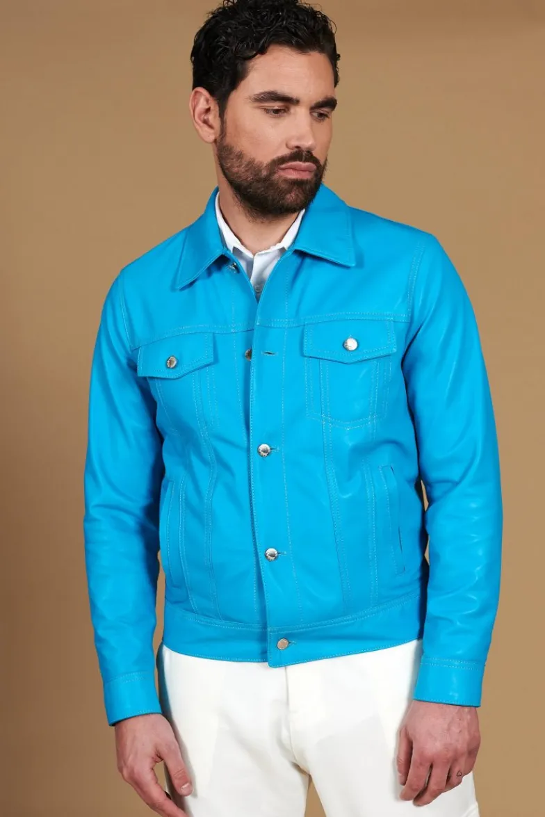 Uomo D'Arienzo Akyo - Giacca pelle naturale turchese con bottoni e collo camicia