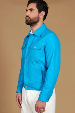 Uomo D'Arienzo Akyo - Giacca pelle naturale turchese con bottoni e collo camicia