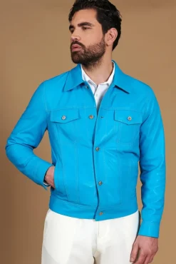 Uomo D'Arienzo Akyo - Giacca pelle naturale turchese con bottoni e collo camicia