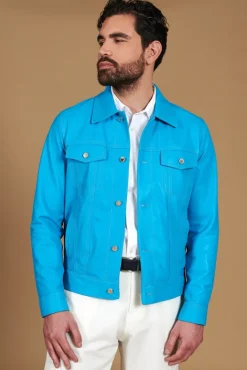 Uomo D'Arienzo Akyo - Giacca pelle naturale turchese con bottoni e collo camicia