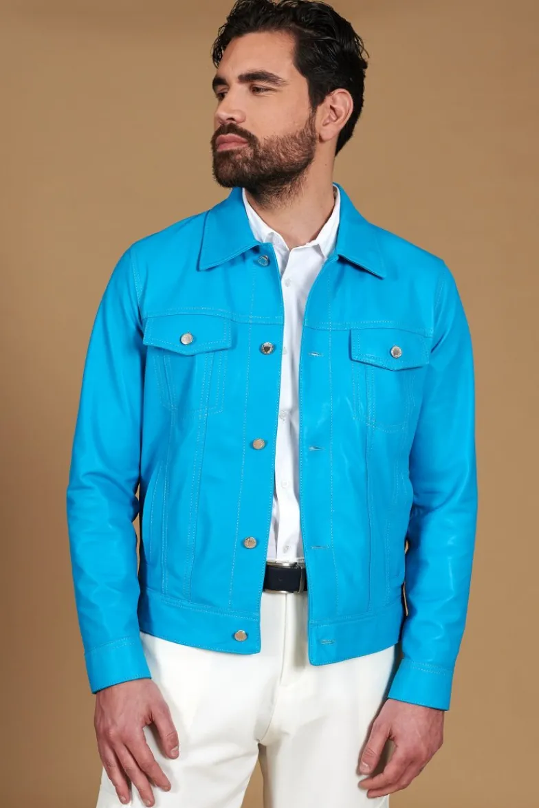 Uomo D'Arienzo Akyo - Giacca pelle naturale turchese con bottoni e collo camicia