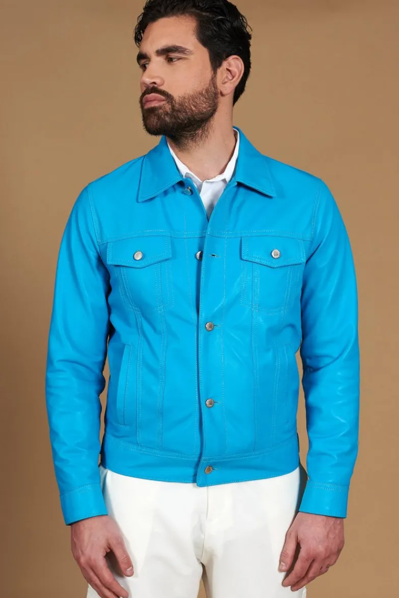 Uomo D'Arienzo Akyo - Giacca pelle naturale turchese con bottoni e collo camicia