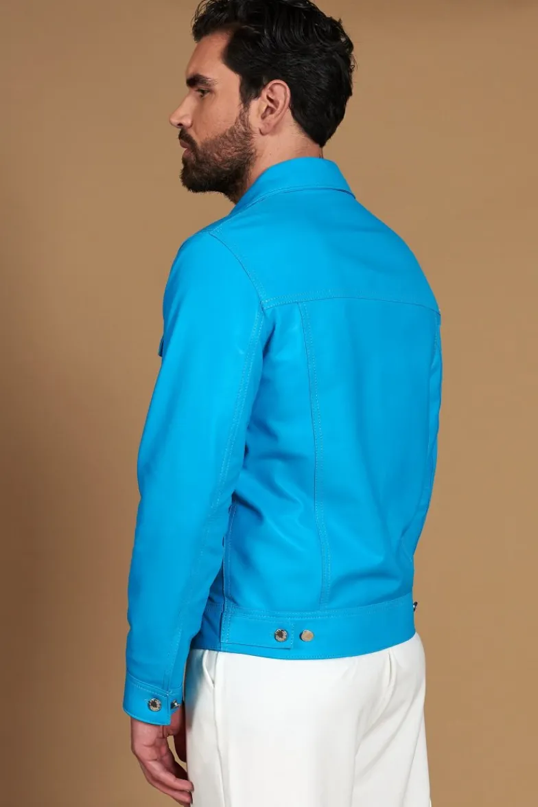 Uomo D'Arienzo Akyo - Giacca pelle naturale turchese con bottoni e collo camicia