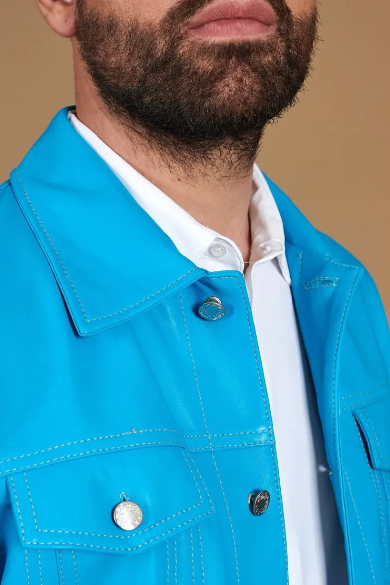 Uomo D'Arienzo Akyo - Giacca pelle naturale turchese con bottoni e collo camicia