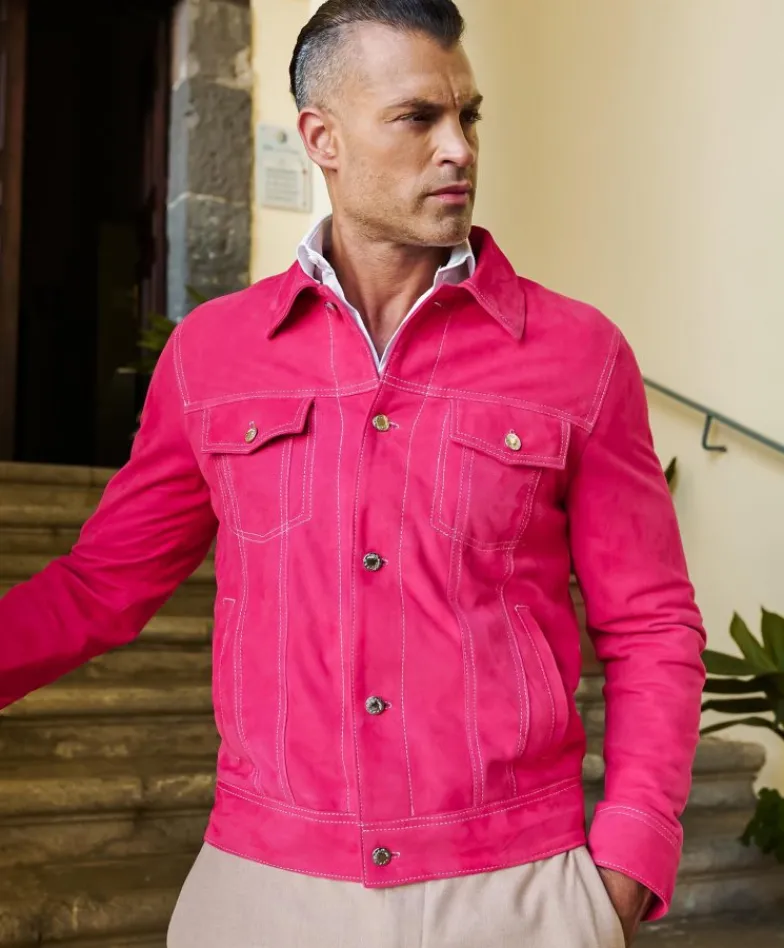 Uomo D'Arienzo Akyo - Giacca pelle scamosciata fuxia con bottoni e collo camicia