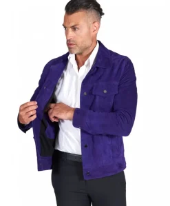 Uomo D'Arienzo Akyo - Giacca pelle scamosciata viola bottoni a pressione collo camicia