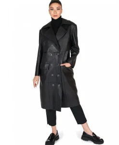 Donna D'Arienzo Alanis - Cappotto in pelle nera stampa cocco versione doppiopetto