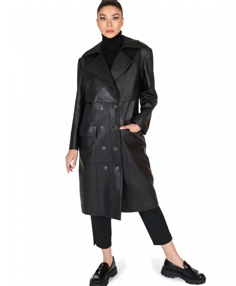 Donna D'Arienzo Alanis - Cappotto in pelle nera stampa cocco versione doppiopetto