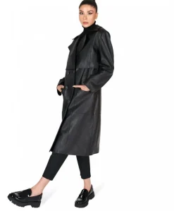 Donna D'Arienzo Alanis - Cappotto in pelle nera stampa cocco versione doppiopetto