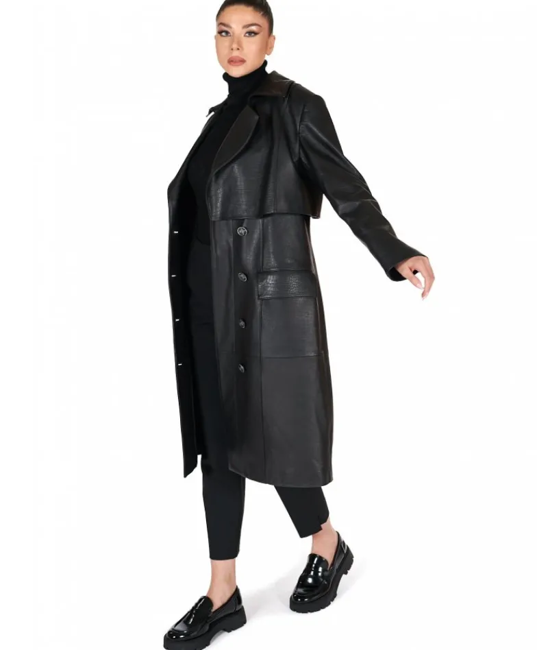 Donna D'Arienzo Alanis - Cappotto in pelle nera stampa cocco versione doppiopetto
