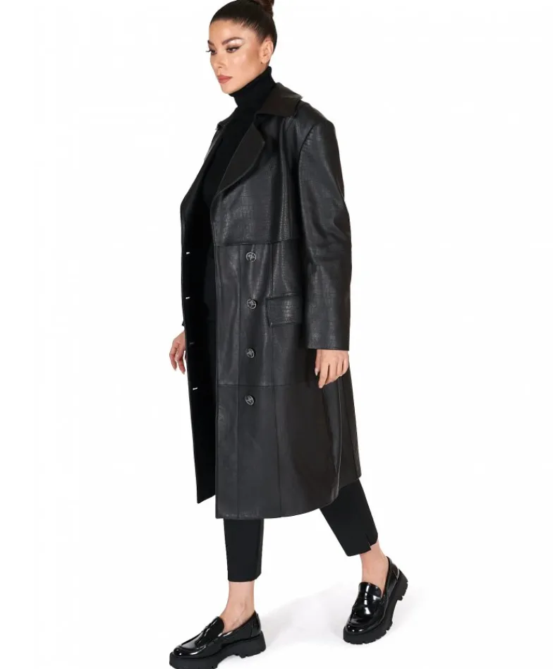 Donna D'Arienzo Alanis - Cappotto in pelle nera stampa cocco versione doppiopetto