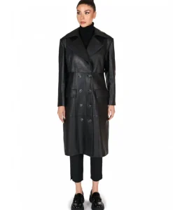 Donna D'Arienzo Alanis - Cappotto in pelle nera stampa cocco versione doppiopetto