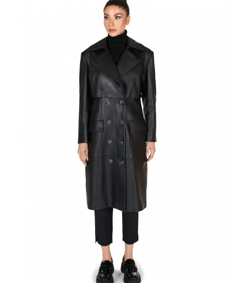 Donna D'Arienzo Alanis - Cappotto in pelle nera stampa cocco versione doppiopetto