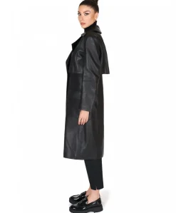 Donna D'Arienzo Alanis - Cappotto in pelle nera stampa cocco versione doppiopetto