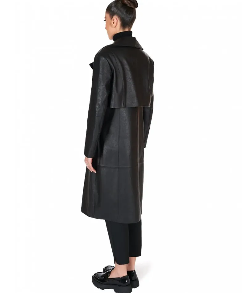 Donna D'Arienzo Alanis - Cappotto in pelle nera stampa cocco versione doppiopetto