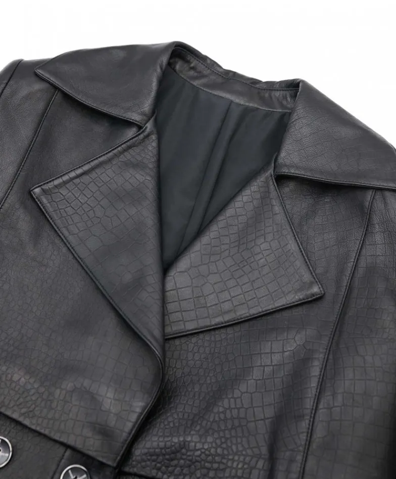 Donna D'Arienzo Alanis - Cappotto in pelle nera stampa cocco versione doppiopetto